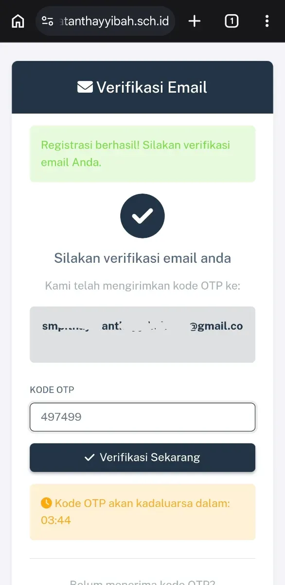 Memasukan KODE OTP di halaman Verifikasi